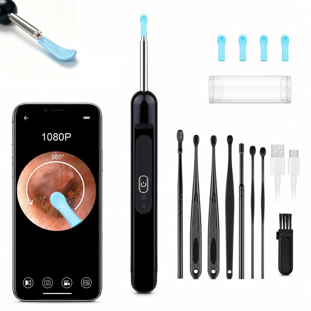 Black ear wax removal kit with 1080P HD camera and silicone tips