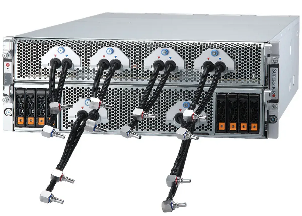Supermicro Supermicro AS -4125GS-TNMR2-LCC barebone server, 4U liquid-cooled, AMD EPYC 9004, 8× MI300X GPU — product photo