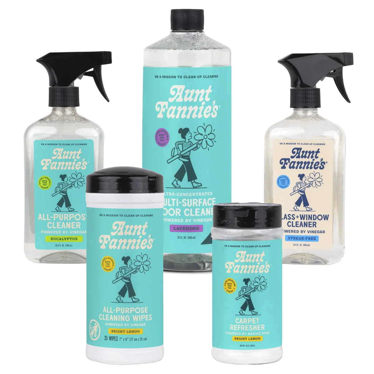 Bundle of five spray bottles and a wipe canister in assorted sizes and scents