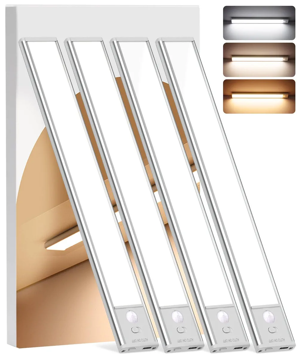 Four white 8-inch LED light bars with clear prismatic lenses, magnetic and adhesive mounting, USB-C charging cables included