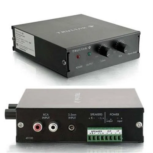 Black rectangular amplifier with terminal block, RCA and 3.5mm ports