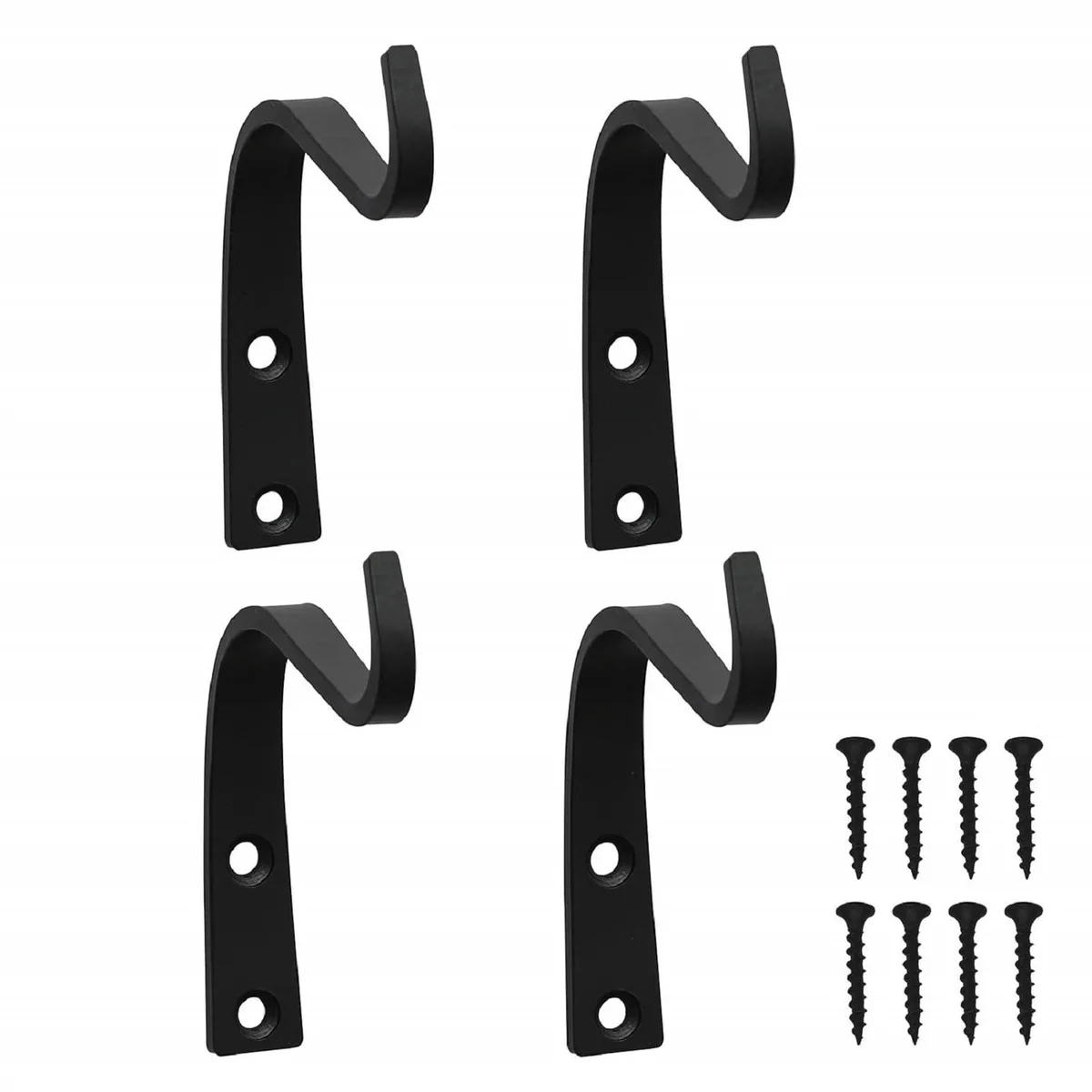 Four matte-black cast-iron hooks, each 4 inches wide with two mounting holes and included screws