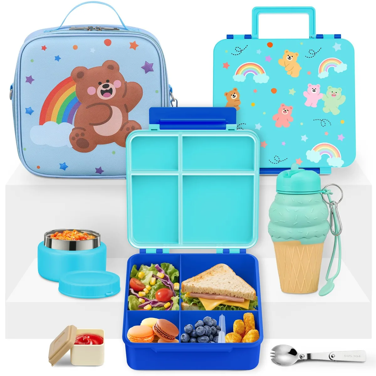 Red five-compartment bento box set with insulated jar, utensils, sauce pot, lunch bag and collapsible cup