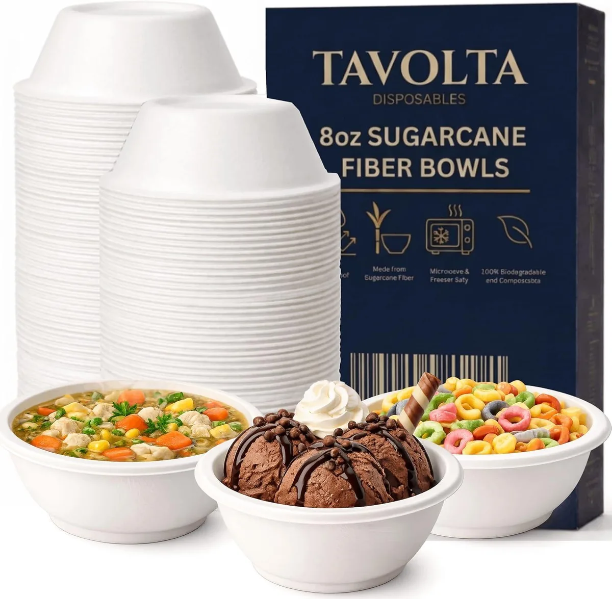 Pack of 60 brown 8oz bagasse bowls, 4.62in wide, 6.2in deep