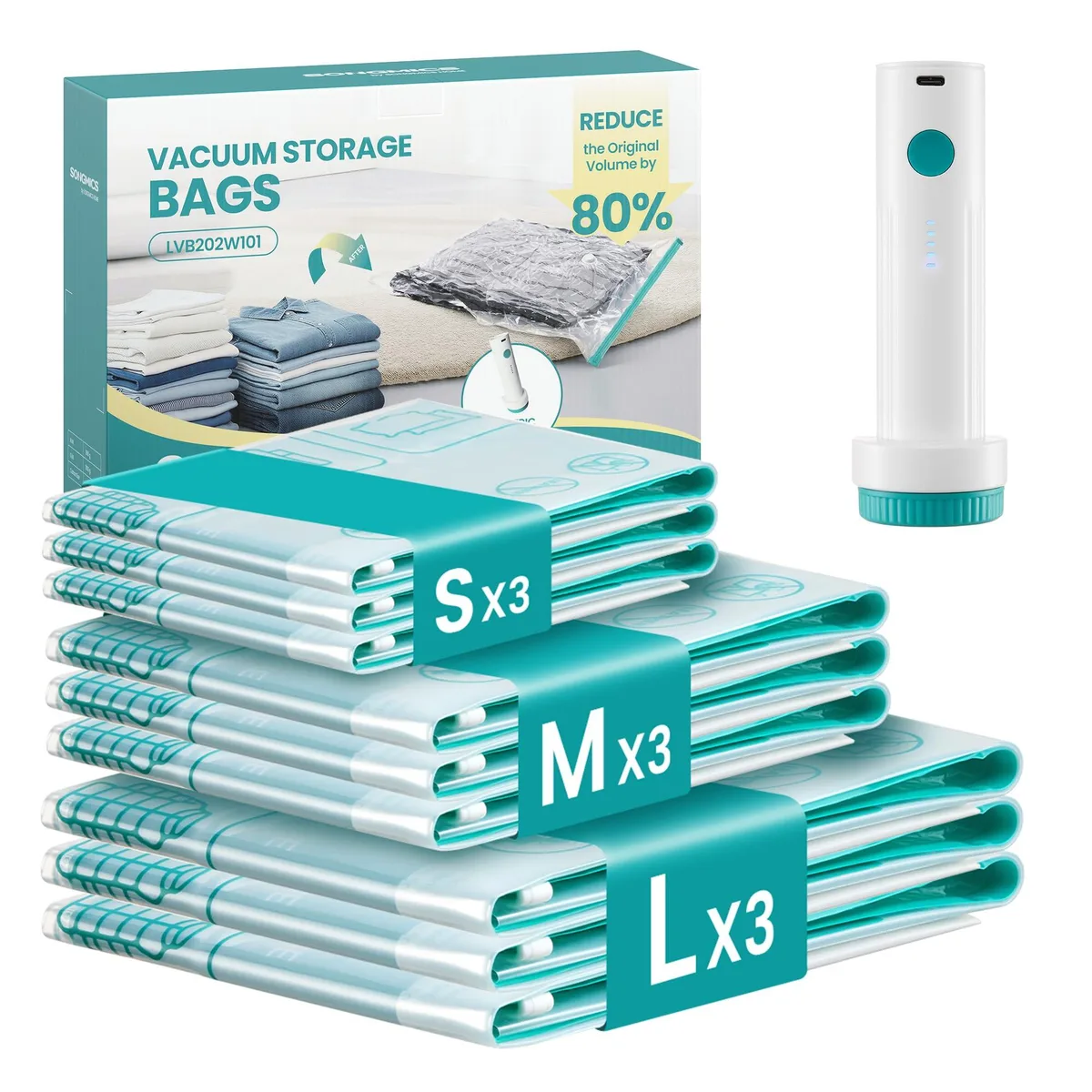 Transparent rectangular vacuum storage bags in three sizes with a grey USB-C rechargeable pump