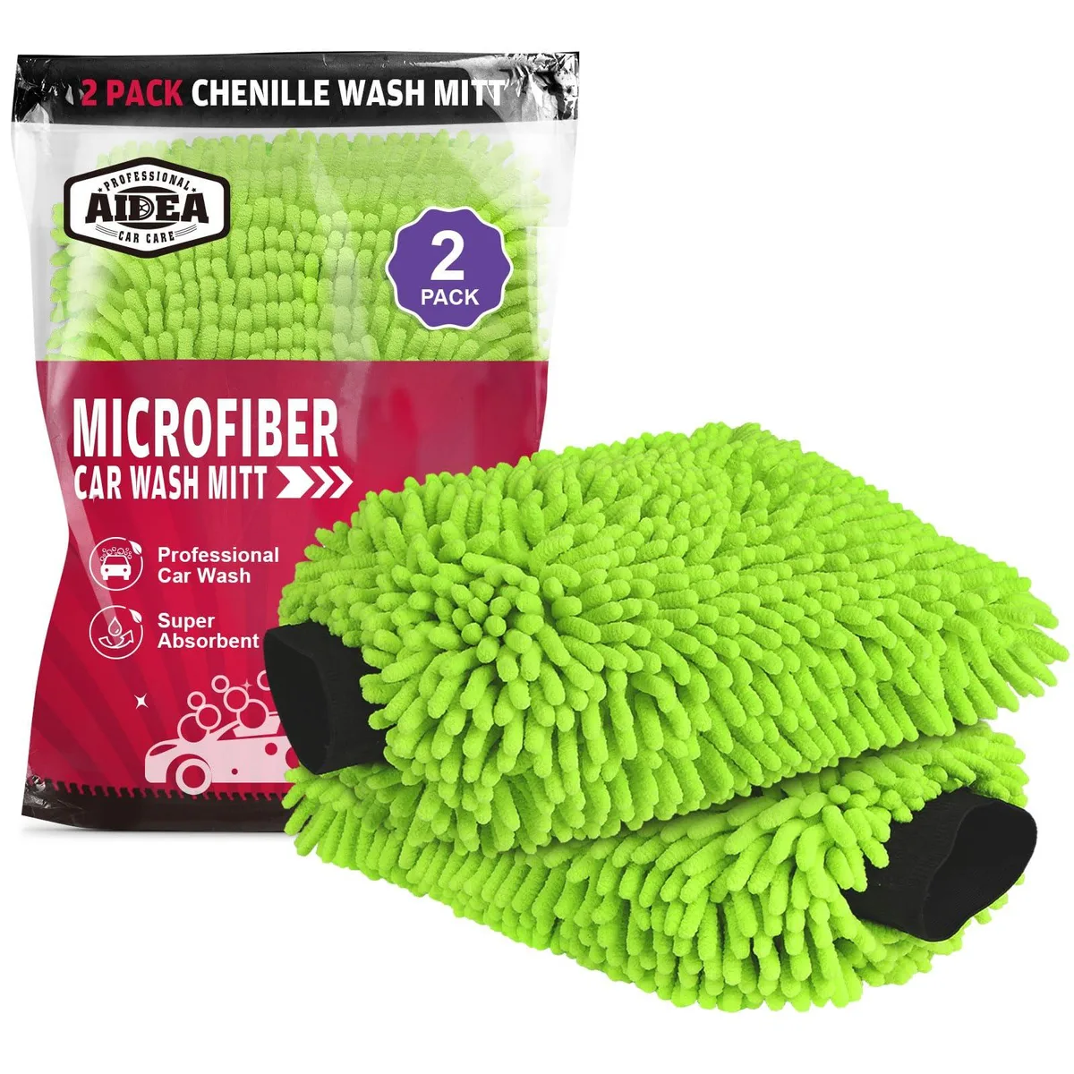 Two green microfibre wash mitts with plush chenille strands and elastic cuffs