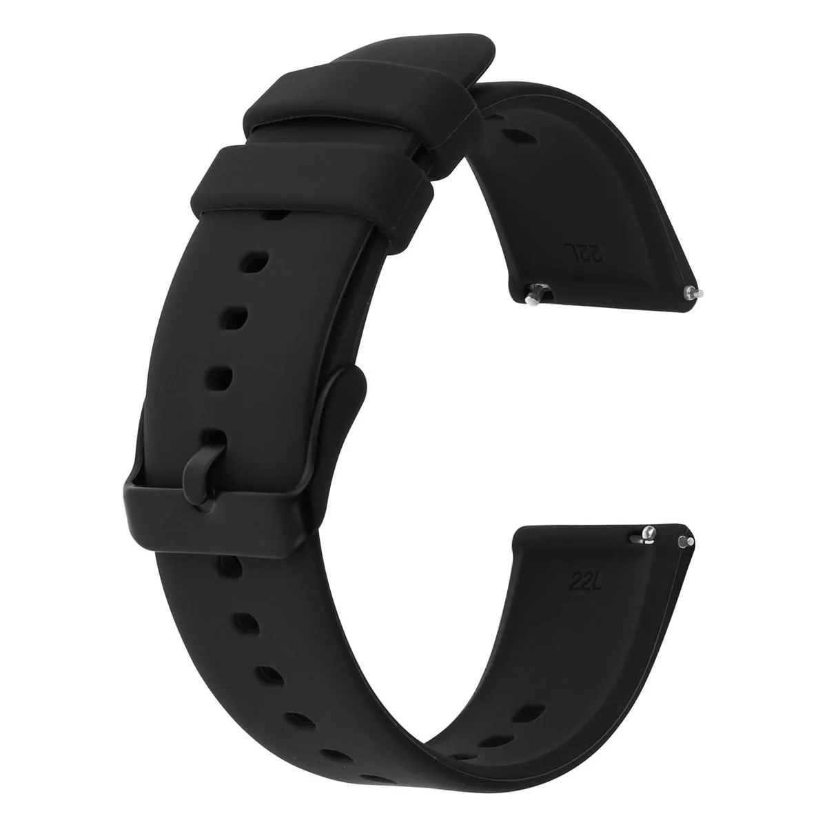 Black 20mm silicone watch strap with matte metal tang buckle, quick-release spring bars, solid colour, unisex fit