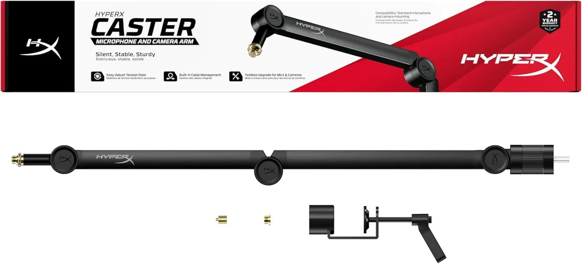 Black adjustable microphone and camera arm with spring-assisted joints and desk clamp