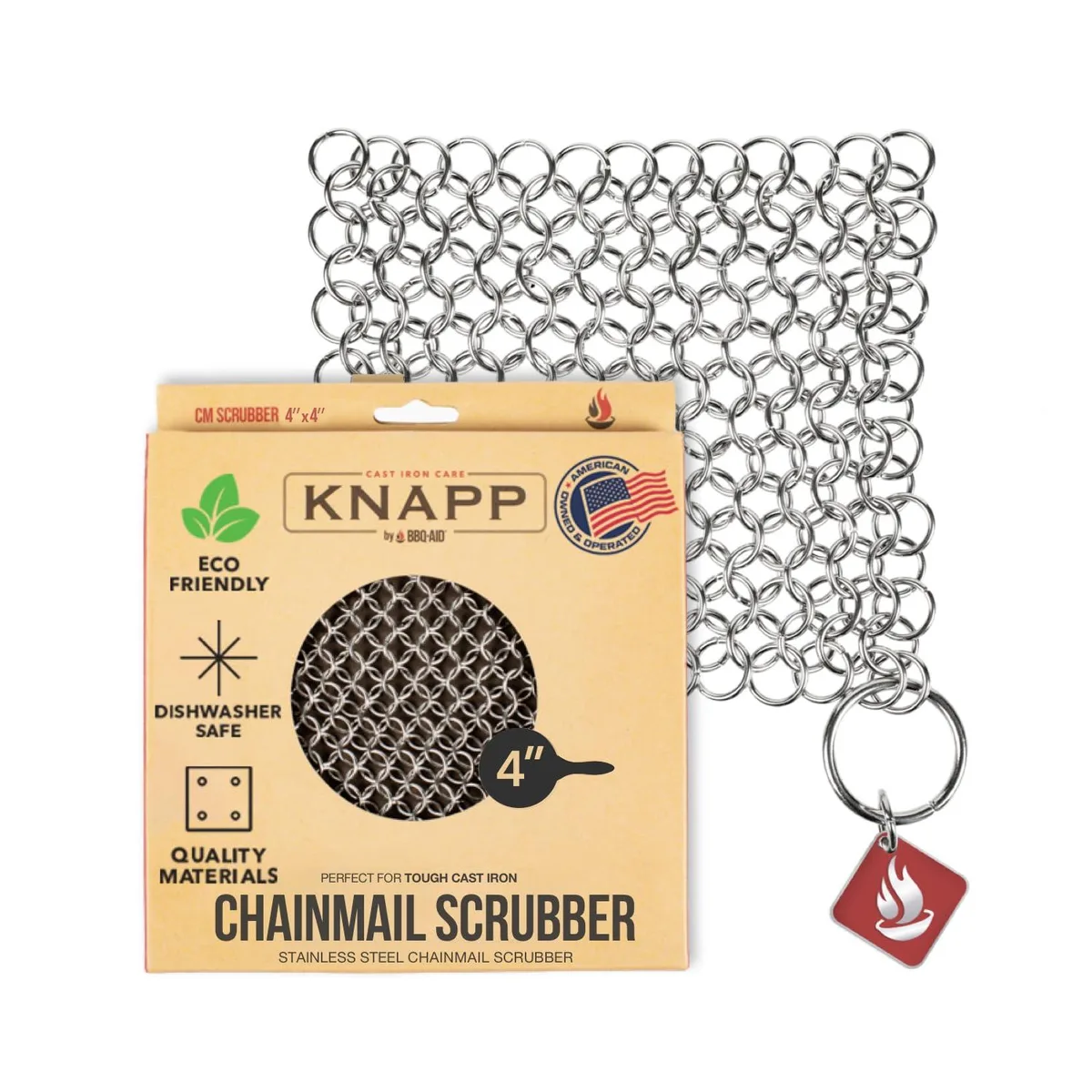 Square stainless-steel chainmail scrubber, 4 by 4 inches, made of 527 small 316-grade rings, silver finish, flat and flexible