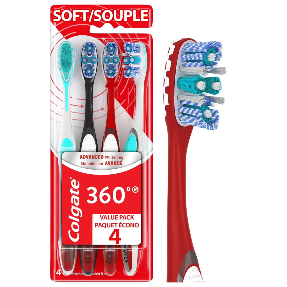 Four white manual toothbrushes with soft bristles and built-in tongue scrapers
