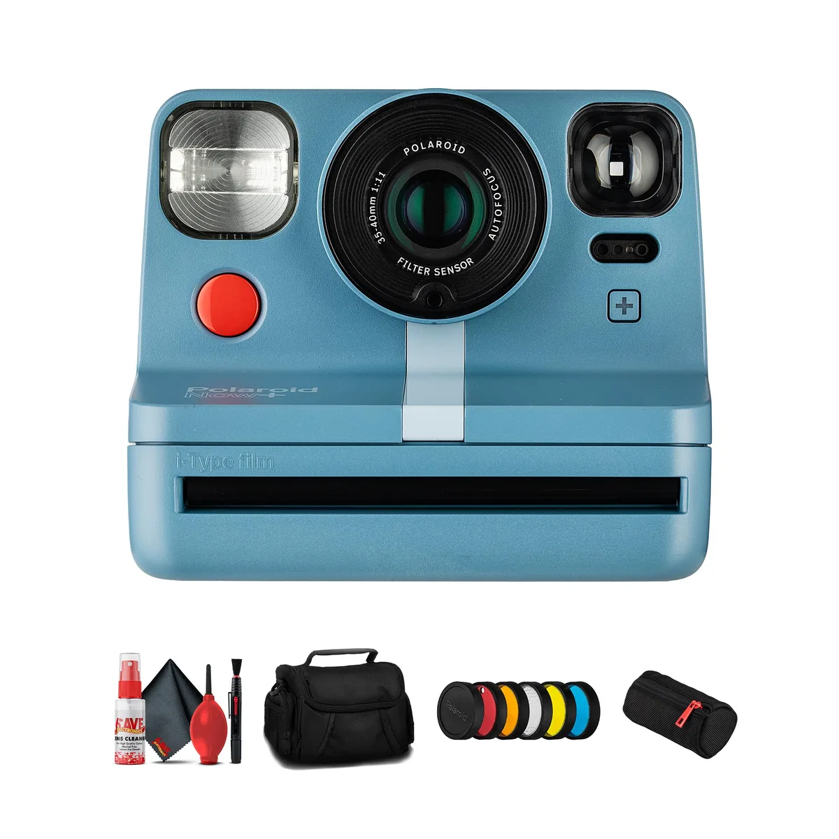 Blue instant camera with case, strap, filter set and cleaning kit