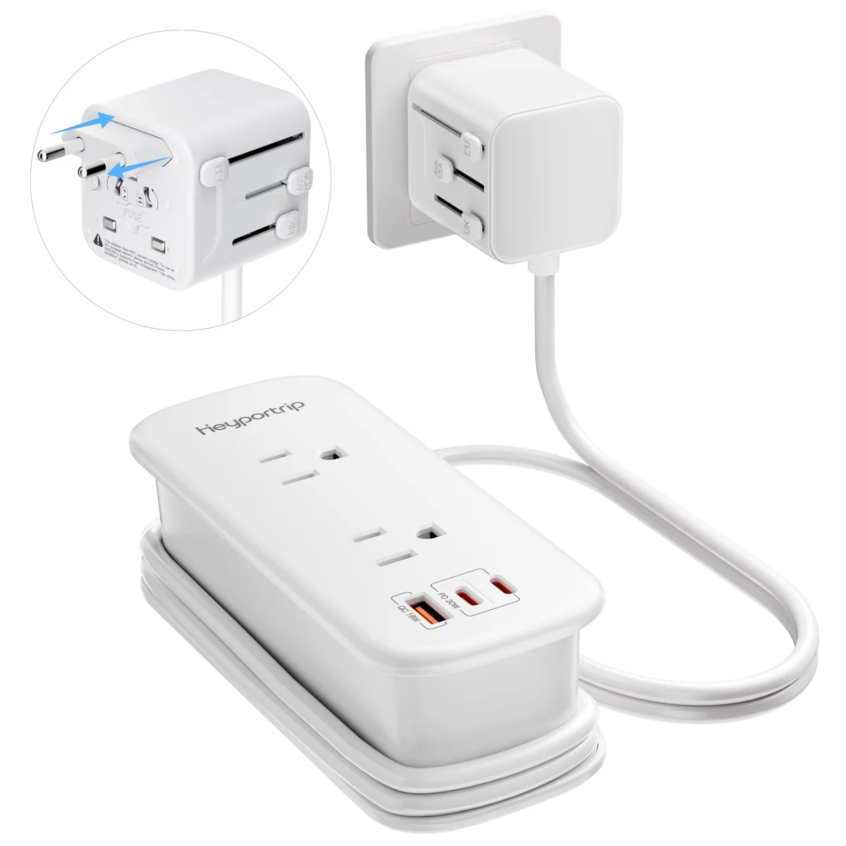  Heyportrip OL-C07SR-PQ30 30W travel adapter 2 USB-C 1 USB-A 70in cord white — product photo