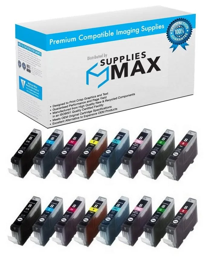 Eight inkjet cartridges in assorted colours inside sealed packaging