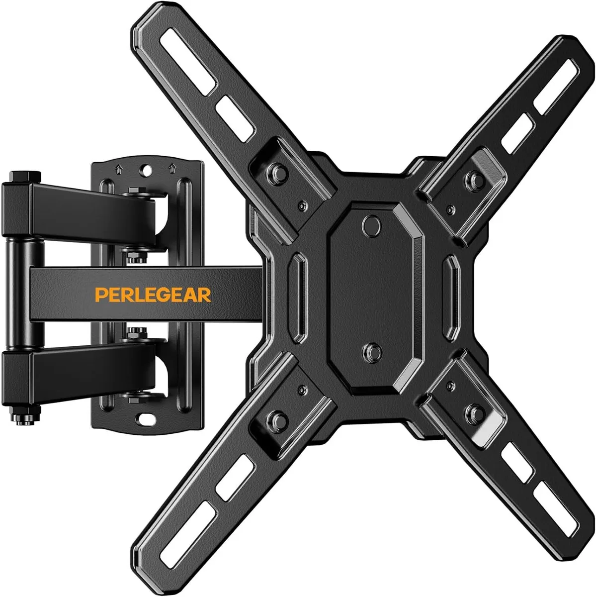 Black steel full-motion TV wall mount with articulated arms extended