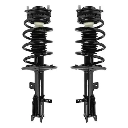 Two silver front strut assemblies with coil springs and top mounts