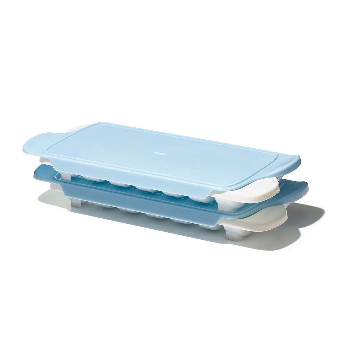 Two blue and white flexible plastic ice cube trays with sliding lids, rounded cube design, 12.2 x 5.6 x 1.75 inches