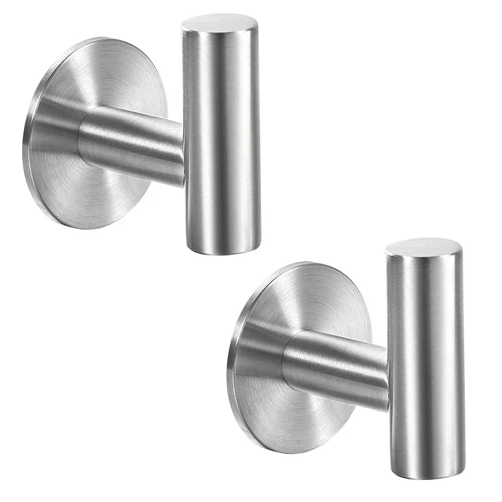Two brushed nickel stainless steel adhesive hooks, smooth rounded form, self-adhesive backing visible