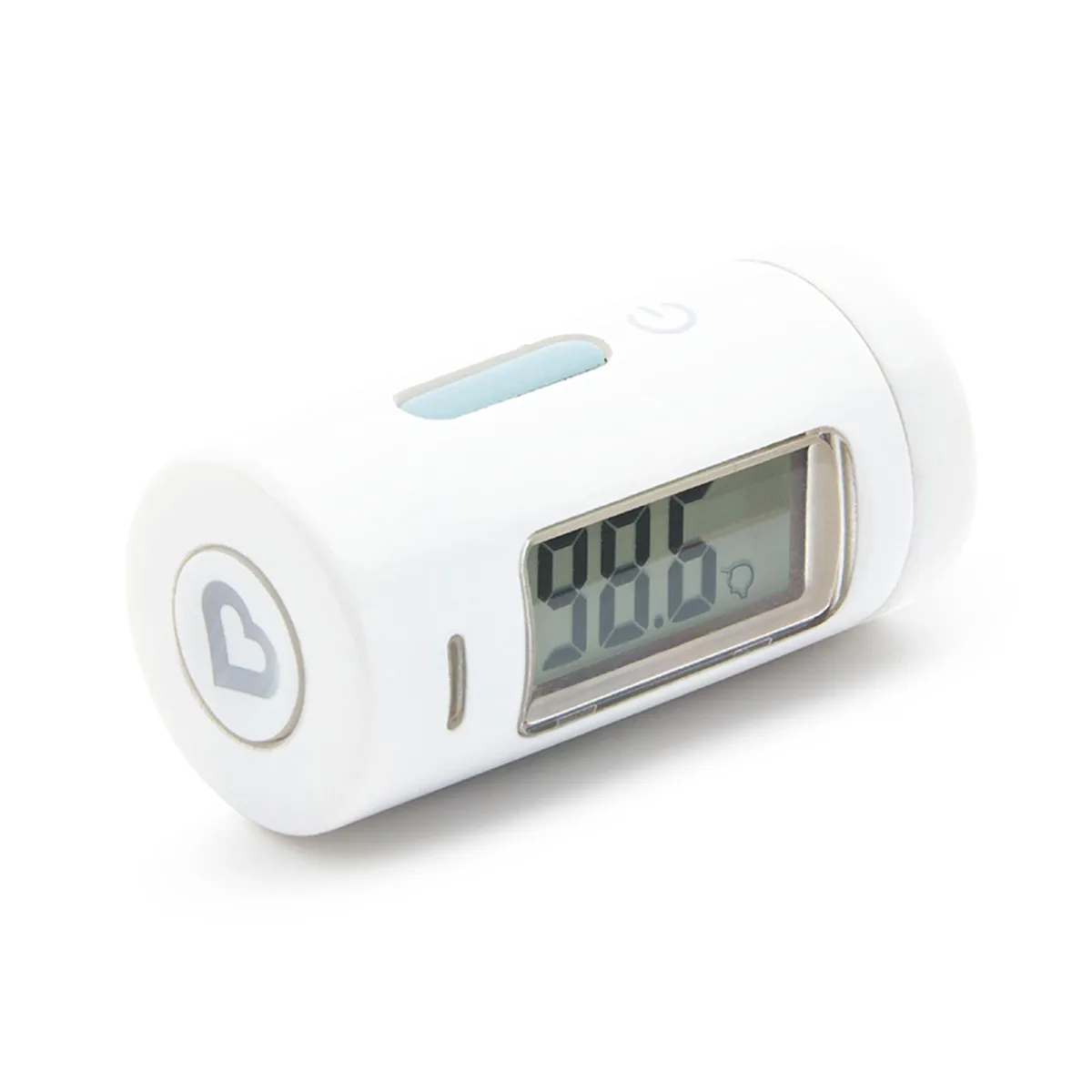 White handheld infrared thermometer with LCD display and travel case