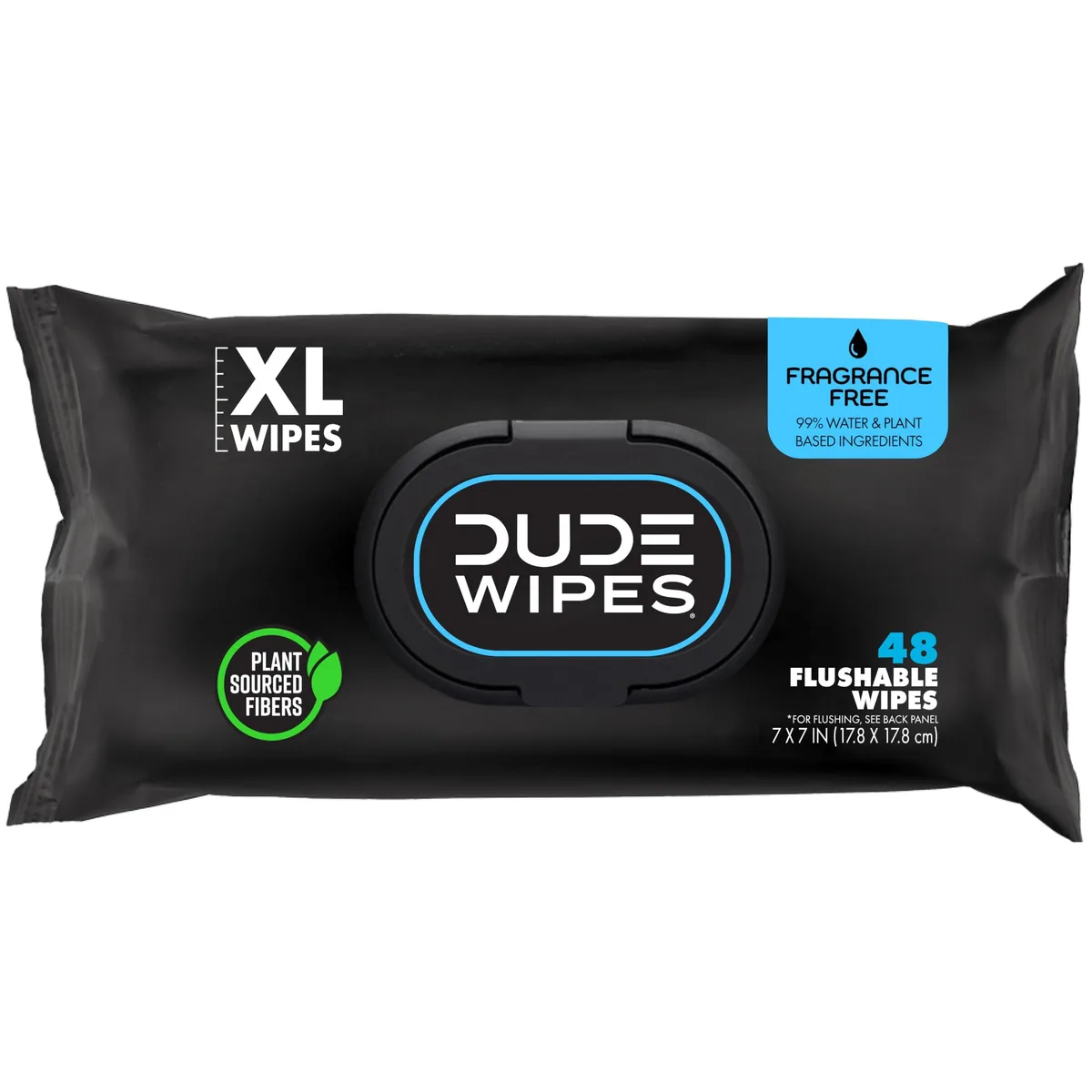 A rectangular pack of 48 flushable wet wipes, fragrance free, plant sourced fibres