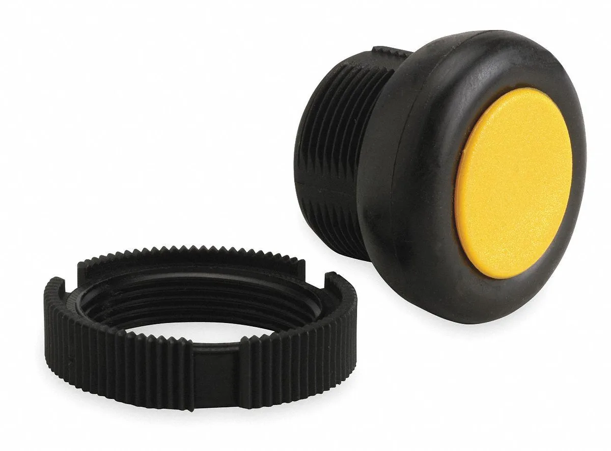 Yellow 22 mm flush push button with booted plastic head and bezel, IP65 rated