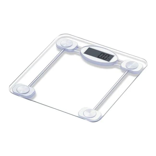 Square clear tempered glass platform with stainless steel frame, digital display showing 400 lb capacity in .2 lb increments