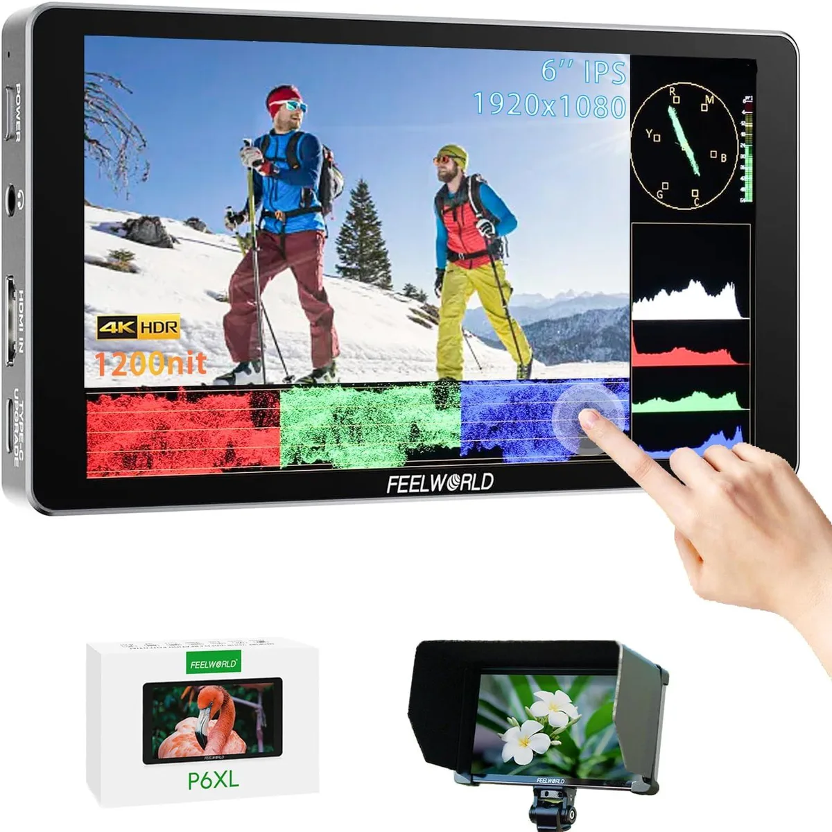 BFKK BFKK P6XL 6 Inch Camera Monitor 1200nit Touch Screen 1920x1080 3000mAh Battery Sunshade — product photo
