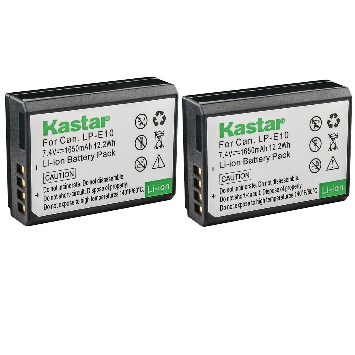 Two rectangular lithium-ion camera batteries in dark finish