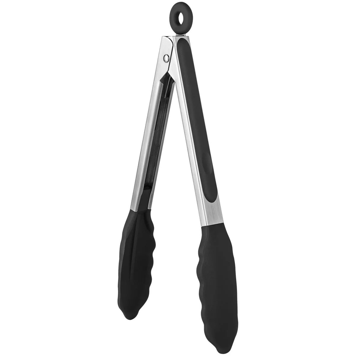 Black 9-inch silicone-tipped kitchen tong with stainless steel handles and locking tab
