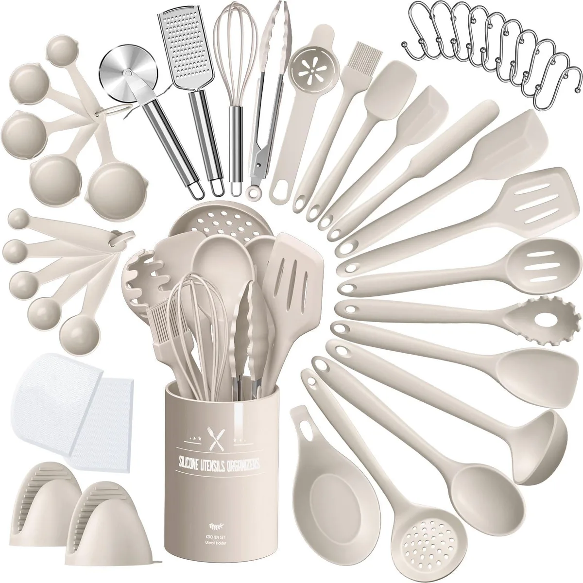 Khaki 43-piece silicone cooking utensil set with turner tongs spoon spatula and gadgets