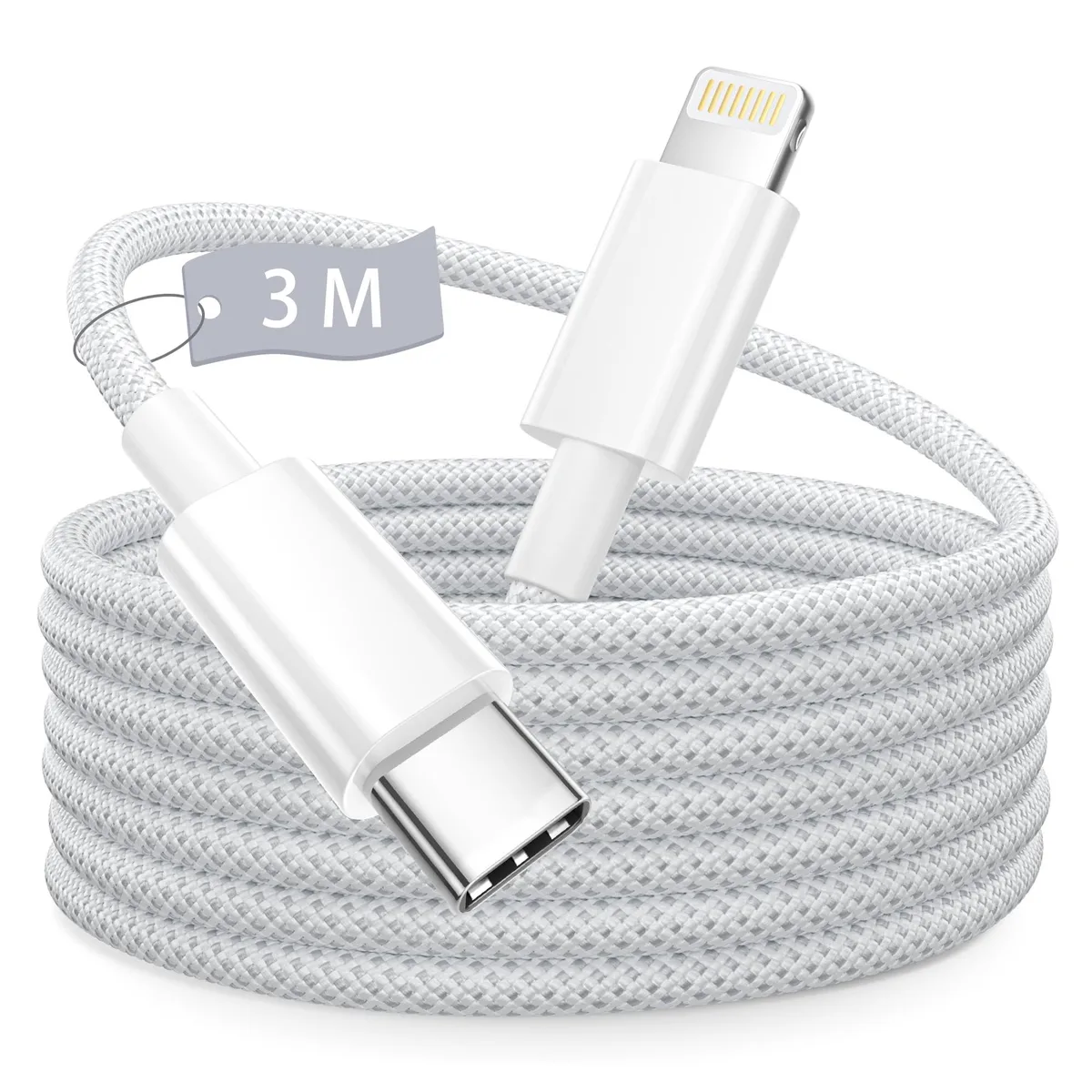 White braided USB-C to Lightning cable coiled on a light surface