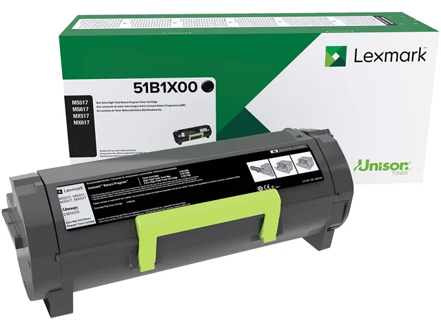 Rectangular black Lexmark toner cartridge with green accent label