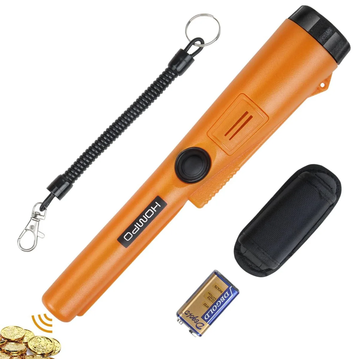 Orange handheld metal detector pinpointer with waterproof probe and belt holster