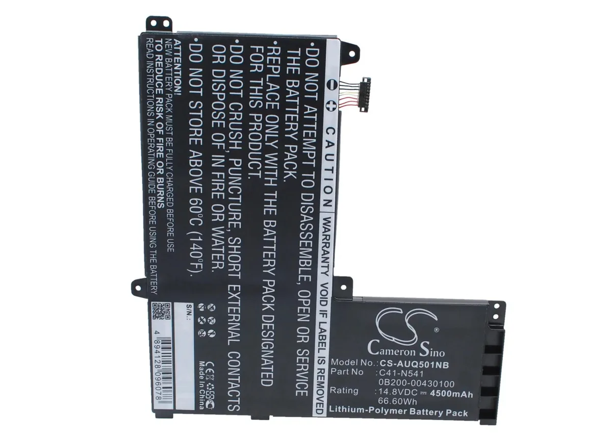 Rectangular black laptop battery with label and connector