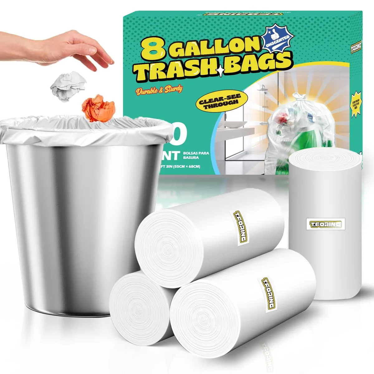  T.FORING 8 Gallon Clear Trash Bags 0.94 Mil 120 Count — product photo