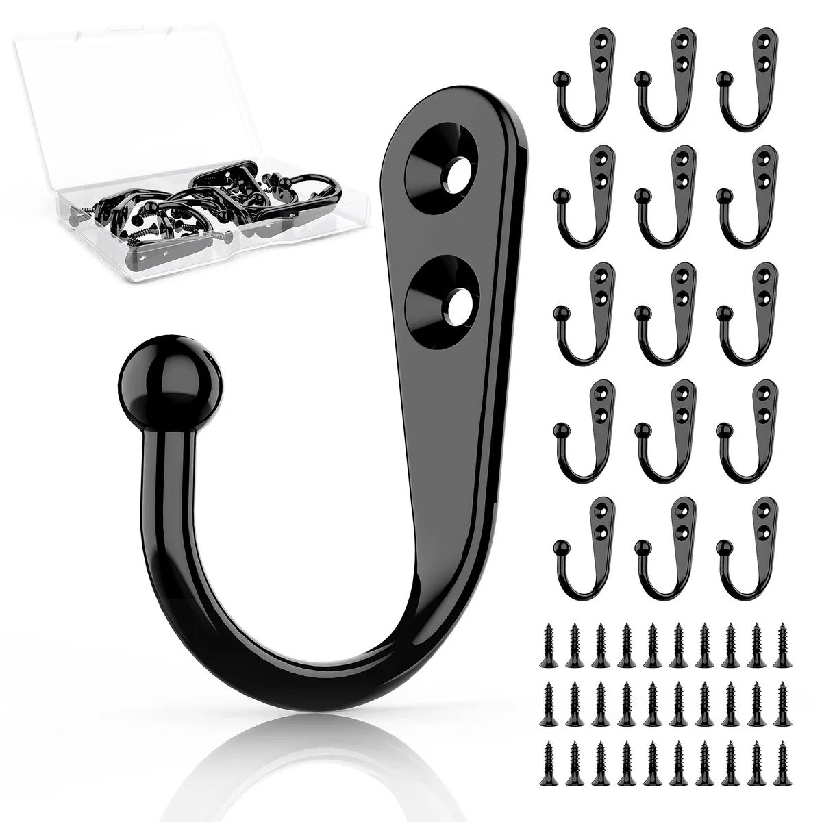 Fifteen black zinc-alloy wall hooks with a smooth matte finish