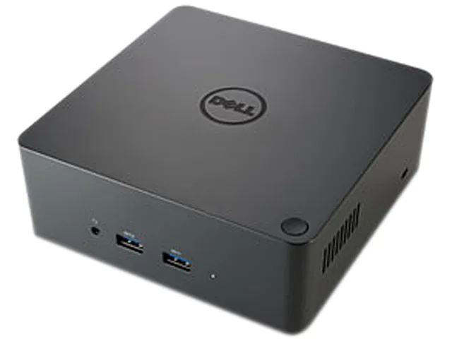 Compact black square Thunderbolt dock with rounded edges, front audio jack, rear speaker output, Ethernet