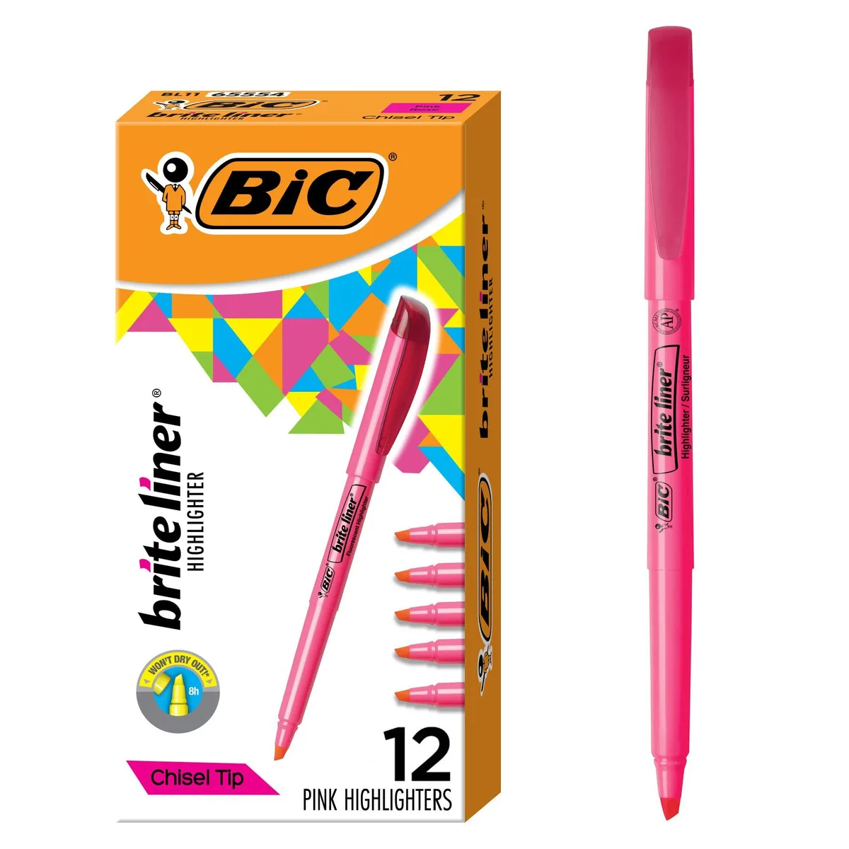 Twelve pink highlighters with chisel tips in a pack