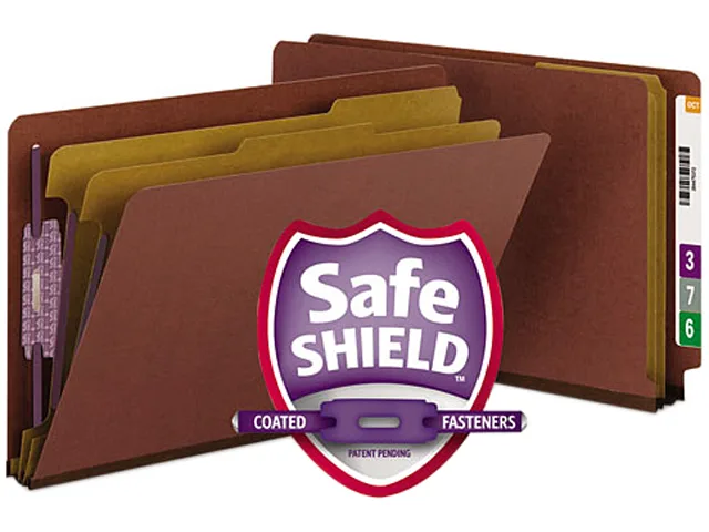 Red pressboard end-tab classification folder, legal size, six sections, box of ten