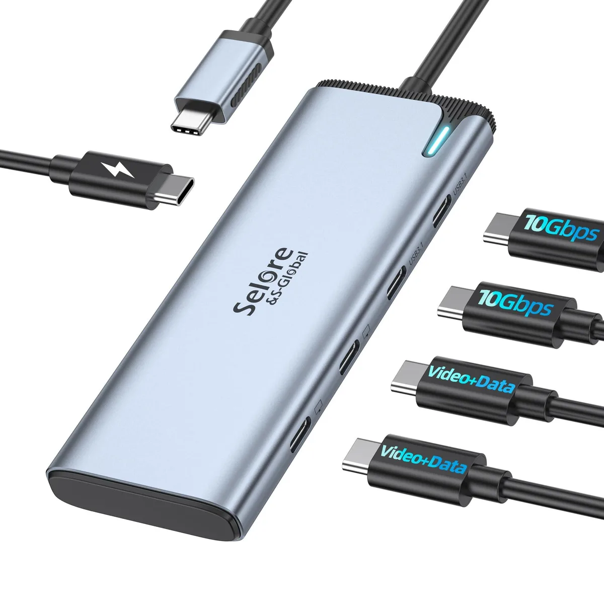 Silver aluminium USB-C hub with multiple ports