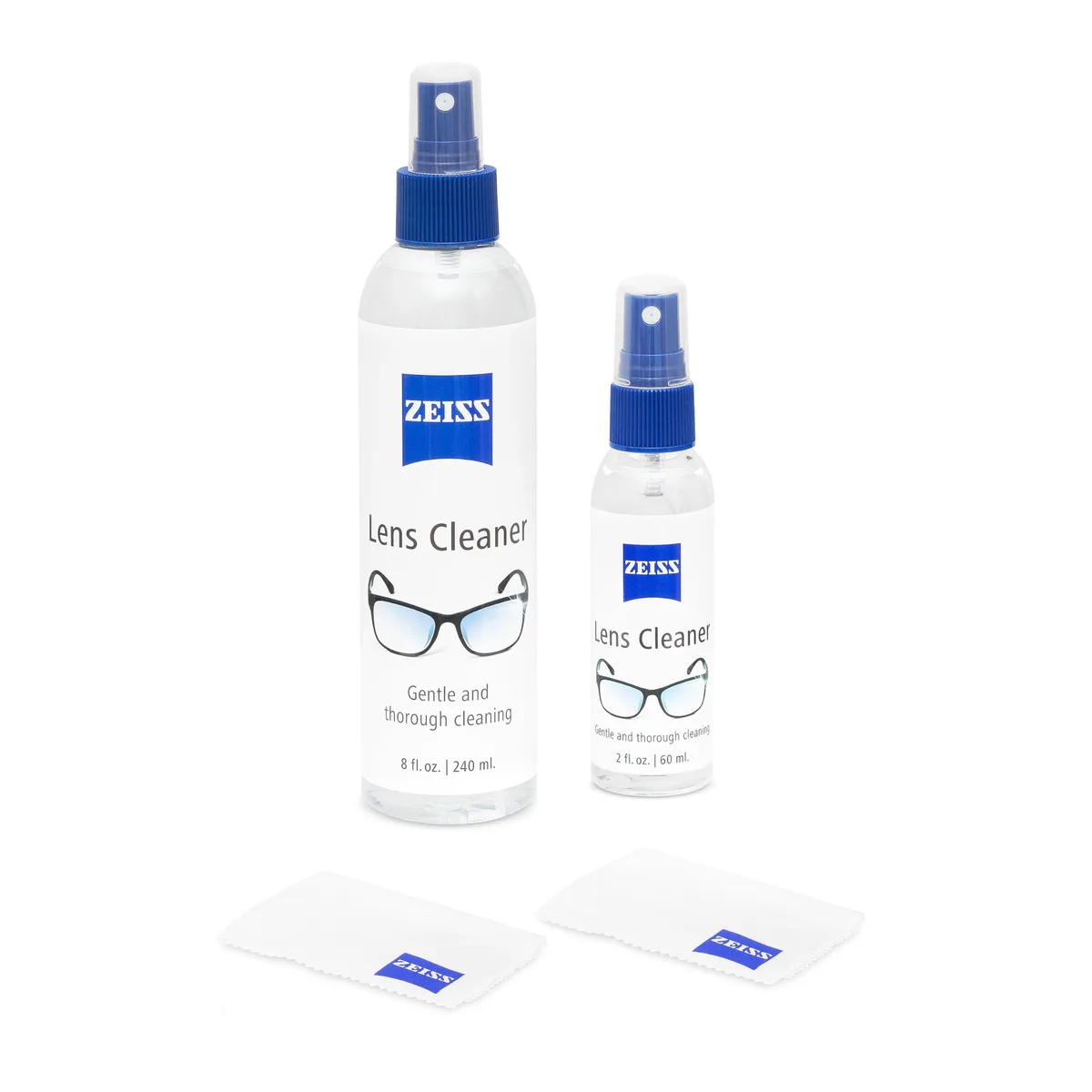 ZEISS lens cleaning kit with 8 oz and 2 oz spray bottles plus two microfiber cloths