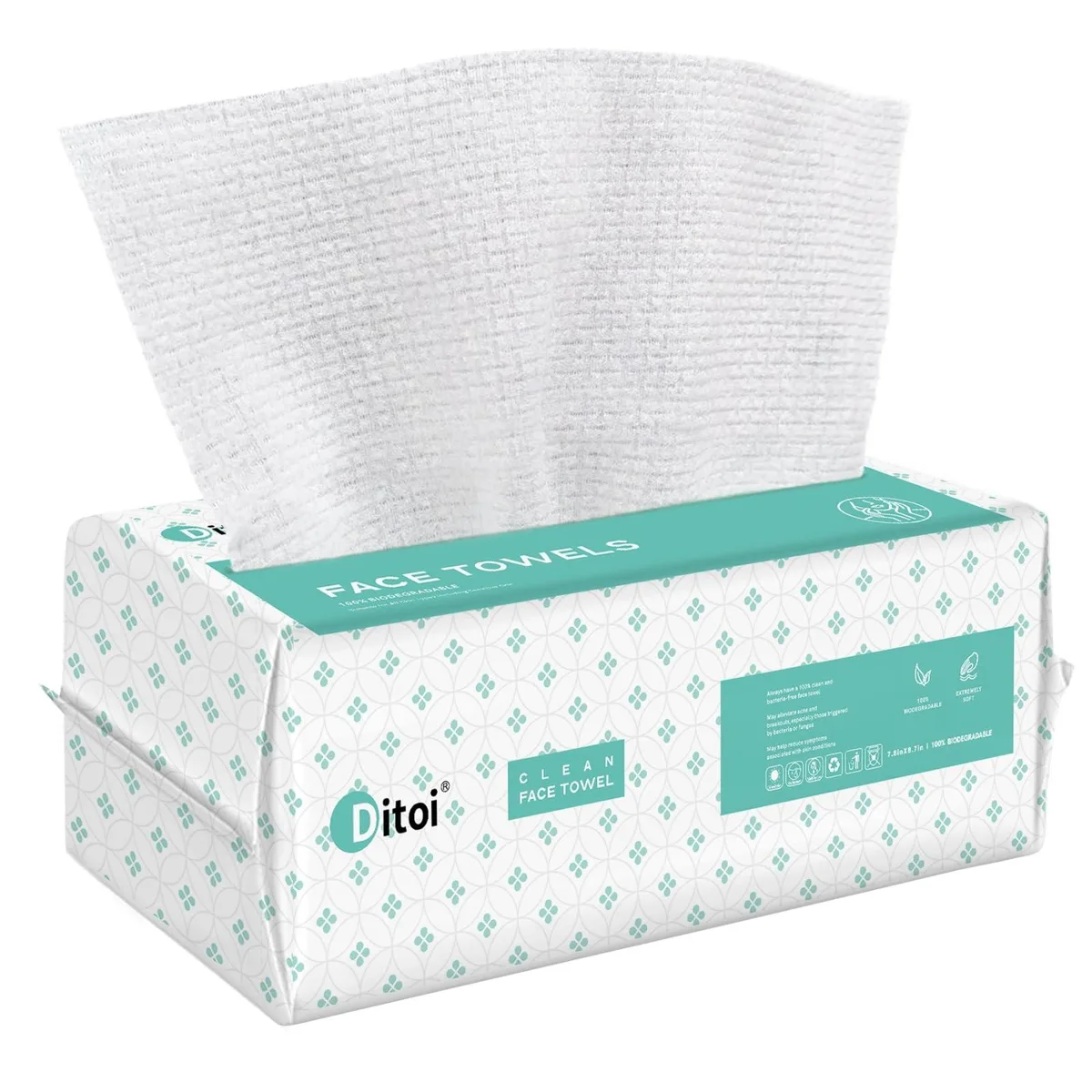 White rectangular box containing 60 disposable plant fibre face towels
