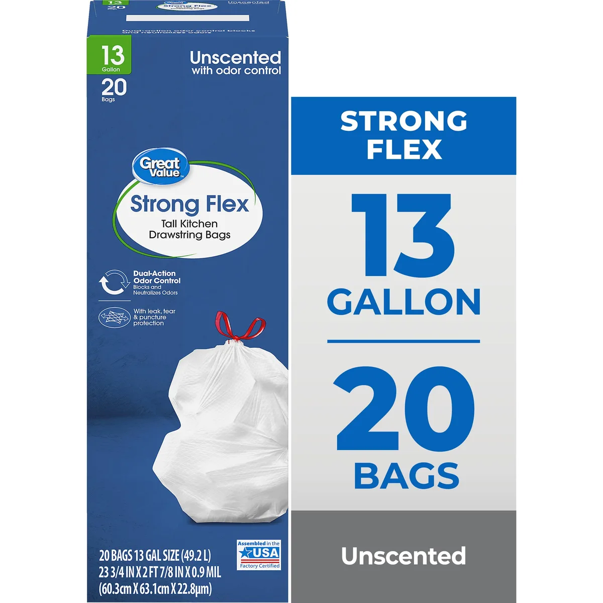 White polyethylene drawstring trash bags, 13 gallon, 20 count pack