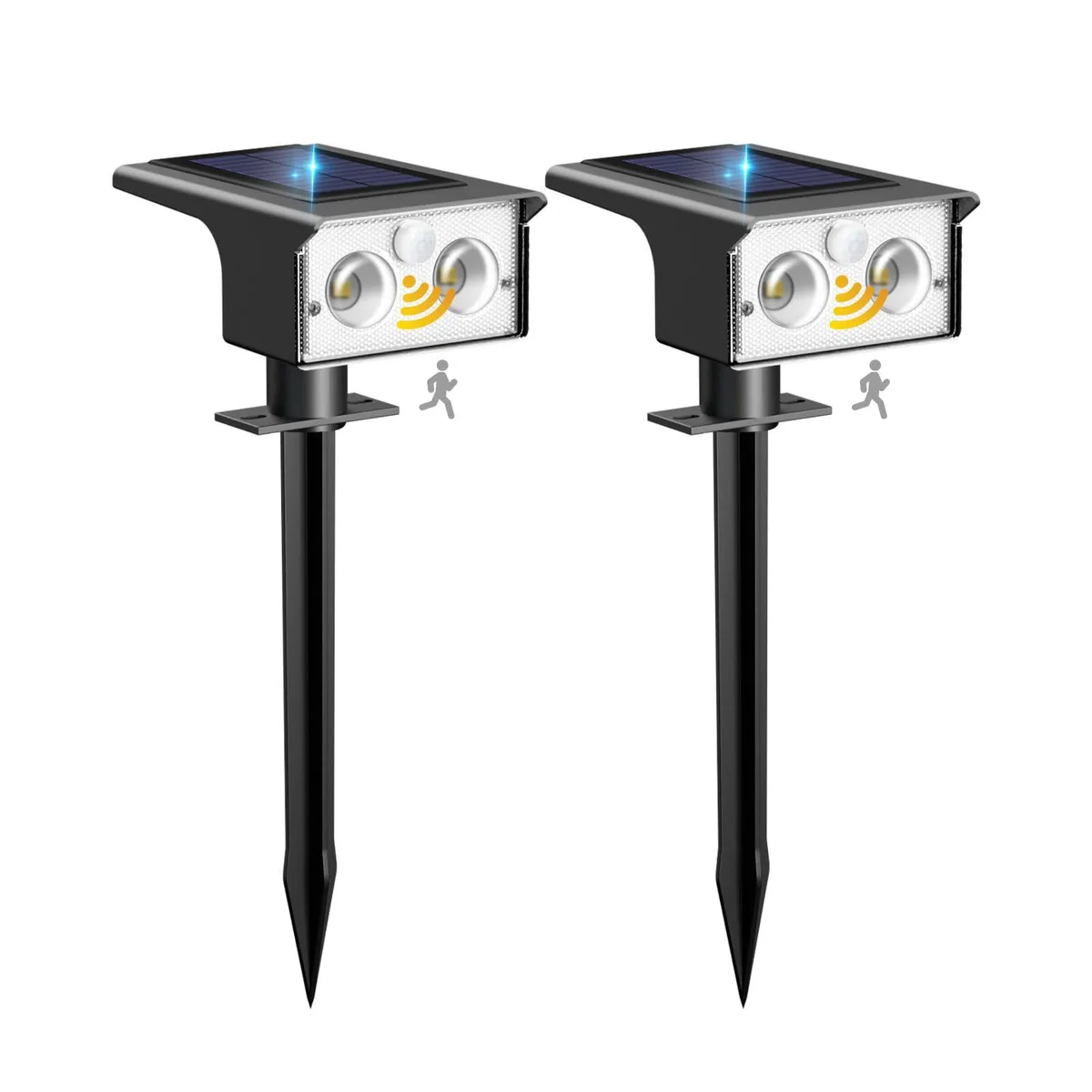 Twelve cool-white solar spotlights in polished chrome ABS, each 4.37 by 3.15 by 12.09 inches