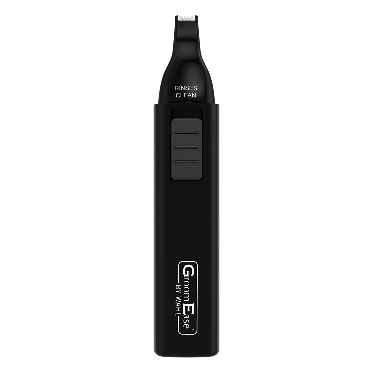 Black compact ear and nose trimmer with rinseable blades and cleaning brush