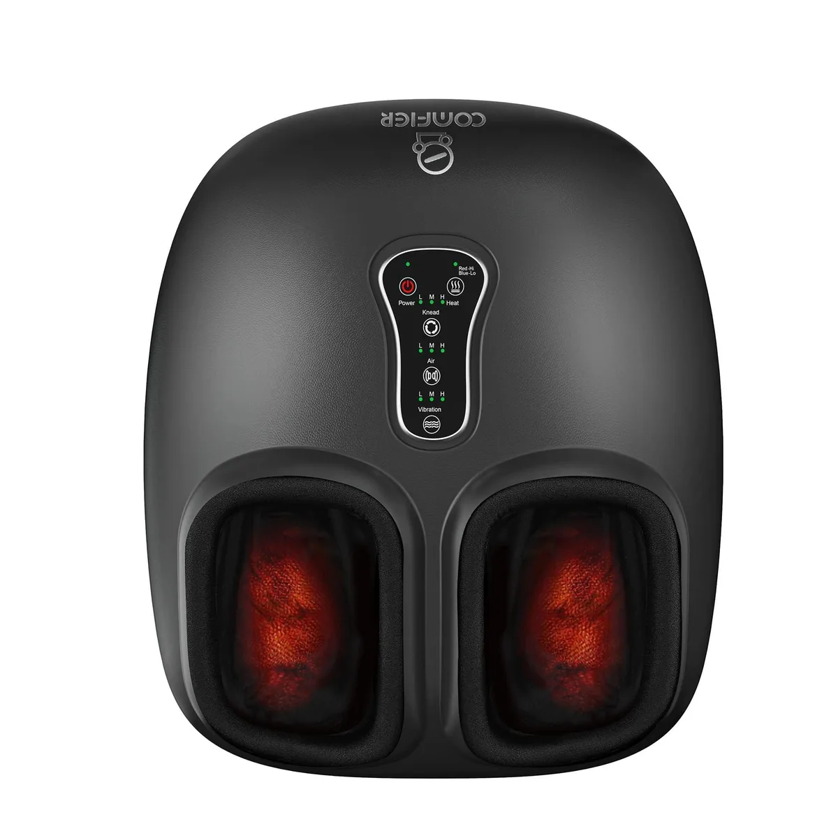 Black rectangular foot massager with fabric interior and control panel