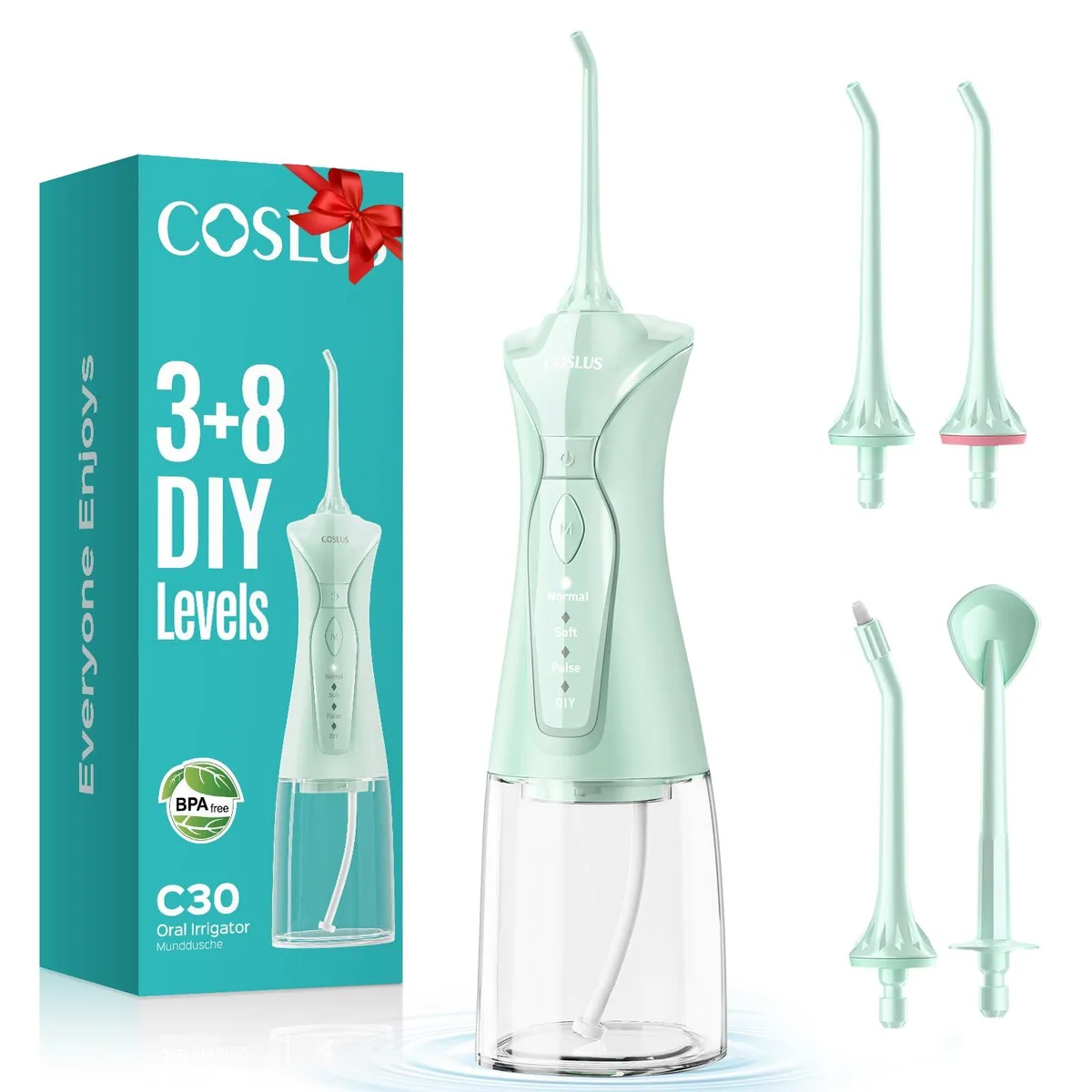 White cordless water flosser with 180 ml tank and four cleaning modes