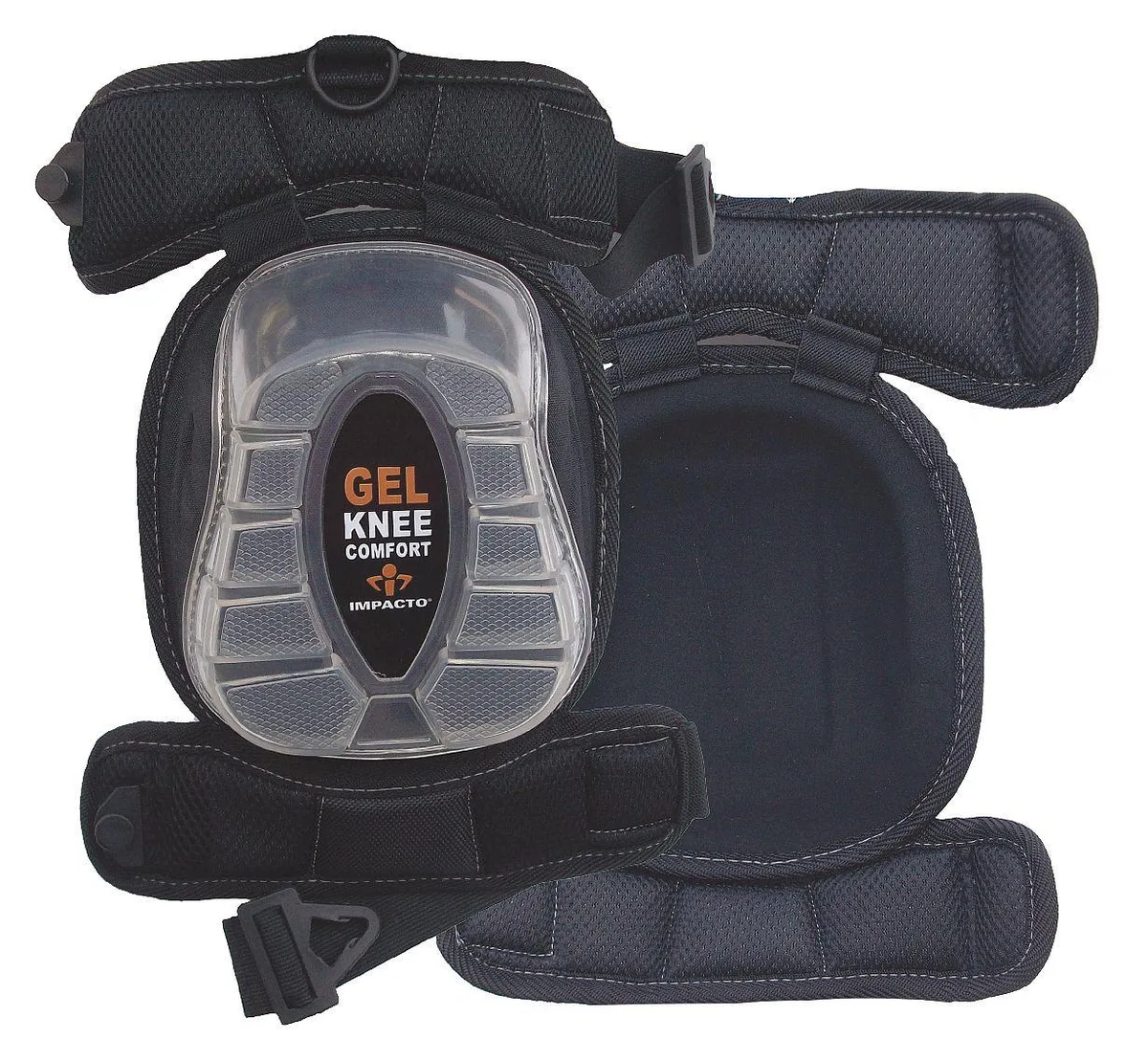 Black gel knee pads with plastic caps and clip straps