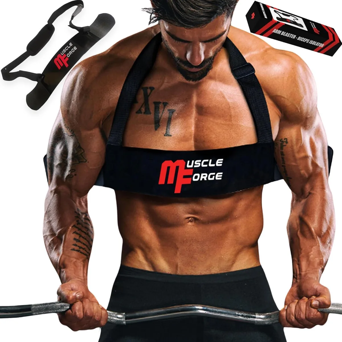 Curved metal arm blaster with adjustable nylon shoulder straps