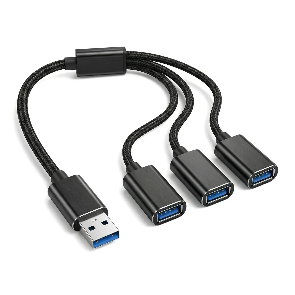 Black USB 2.0 male plug splitting into three female ports on a short cable