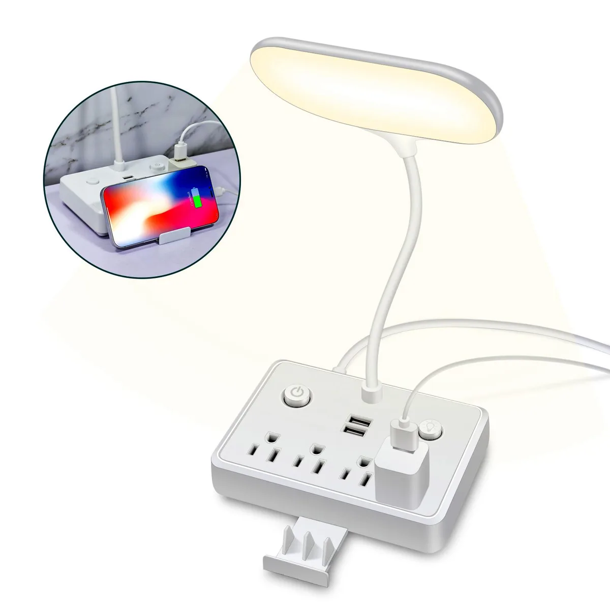 BBJY BBJY 3 Colours Changing Table Lamp Surge Protector 4 AC 2 USB White — product photo